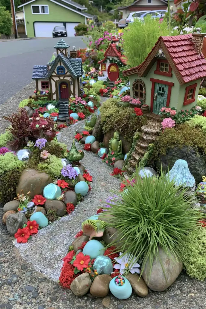 DIY Outdoor Fairy Garden Ideas for Tiny Backyard, Patio, and Seasonal Displays 8 Fantasy fairy garden with small houses, winding paths, bright flowers, green plants, colorful ornaments, and mossy patches.