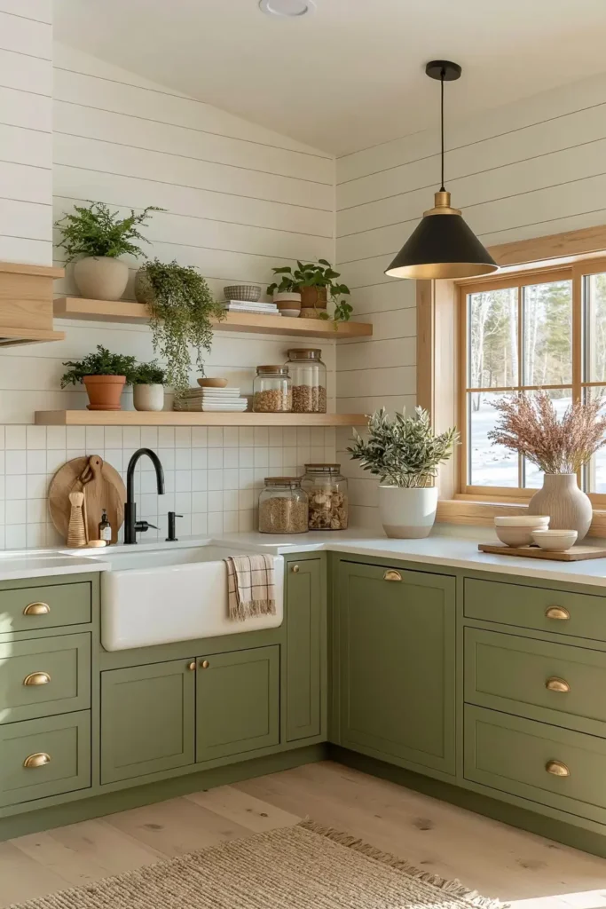 Farmhouse chic sage kitchen with shiplap wall, white farmhouse sink, black faucet, wood shelves, potted plants, and jars.