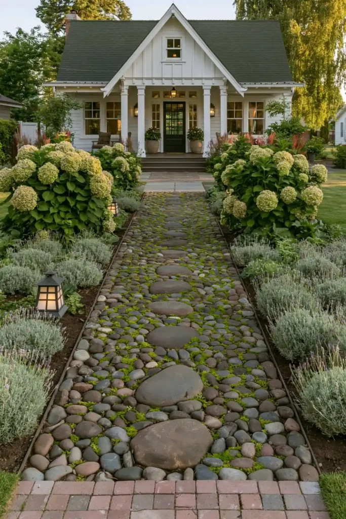 Stunning Garden Walkway Layout Ideas for a Beautiful Outdoor Path 10 Farmhouse front walk with smooth stones, lavender, hydrangeas, soft lantern lighting, and lush flowerbeds.