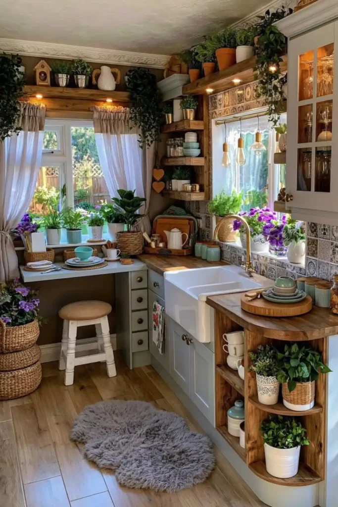 Brilliant Home Design Makeover Ideas for a More Personal Home 35 Farmhouse kitchen with pale green cabinets, apron-front sink, open shelves, herbs, baskets, and soft curtains