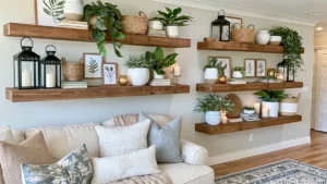 Farmhouse living room floating shelf decor with rustic wood shelves, lanterns, baskets, books, plants, and neutral cozy styling