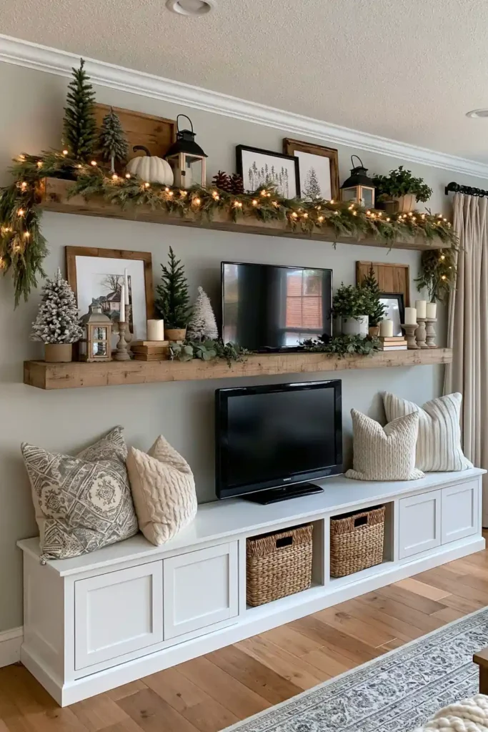 Farmhouse holiday TV wall with floating shelf decor, warm garland lights, lanterns, candles, greenery, baskets, and white cabinetry