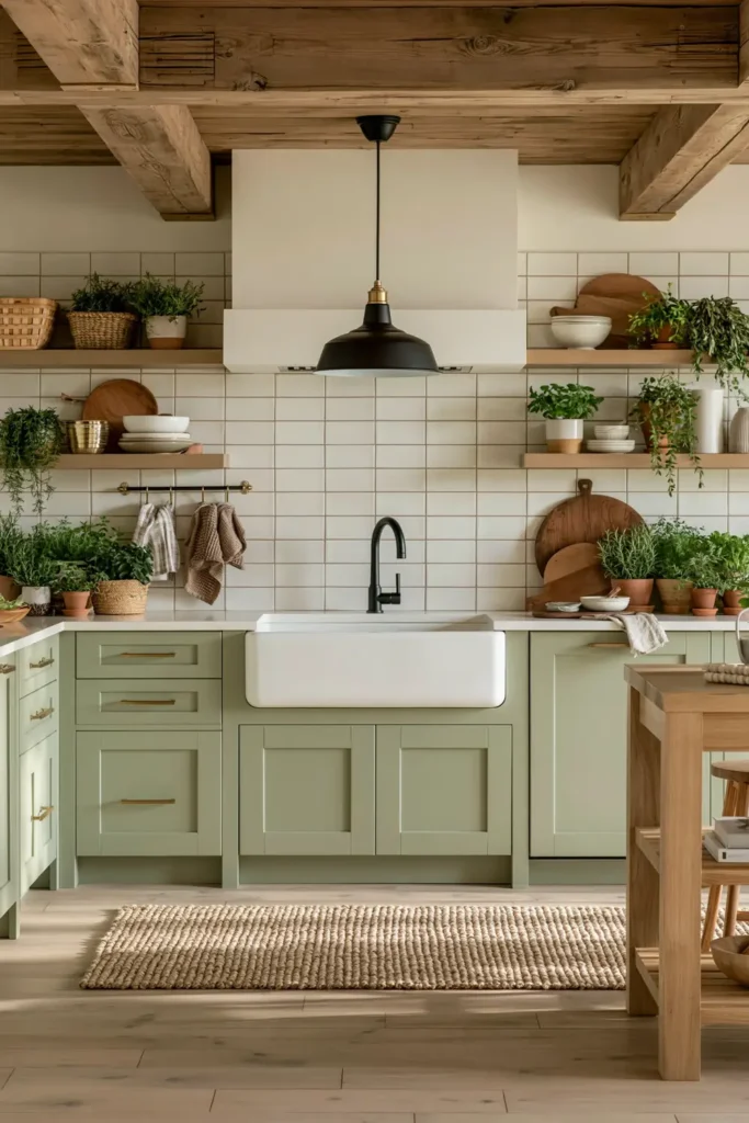 Farmhouse sage kitchen cabinets with open shelves, white tile backsplash, cutting boards, baskets, hanging towels, and potted herbs.