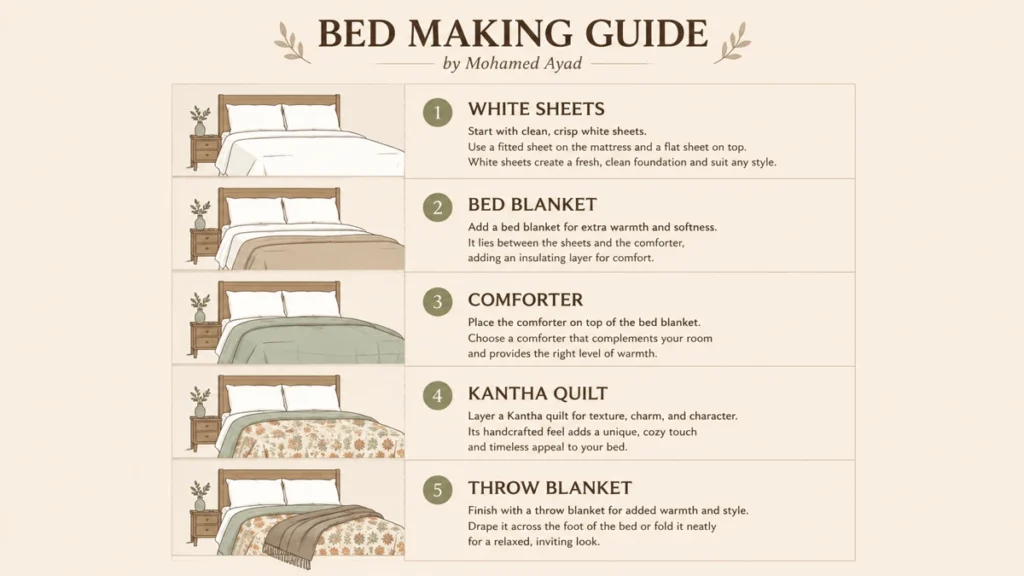 Designer Bed Layering and Styling Ideas for a Polished Bedroom Look 7 Designer bed layering guide showing white sheets, bed blanket, comforter, Kantha quilt, and throw blanket steps.