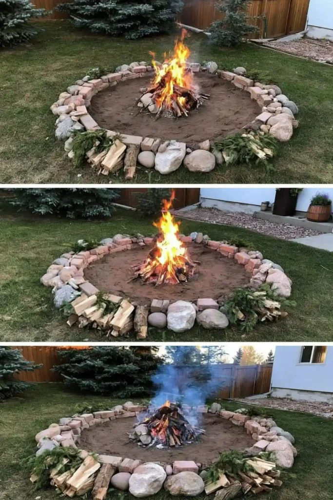 Brilliant Home Design Makeover Ideas for a More Personal Home 16 Backyard fire pit with circular dirt patch, brick and stone ring, and fire burning in the center