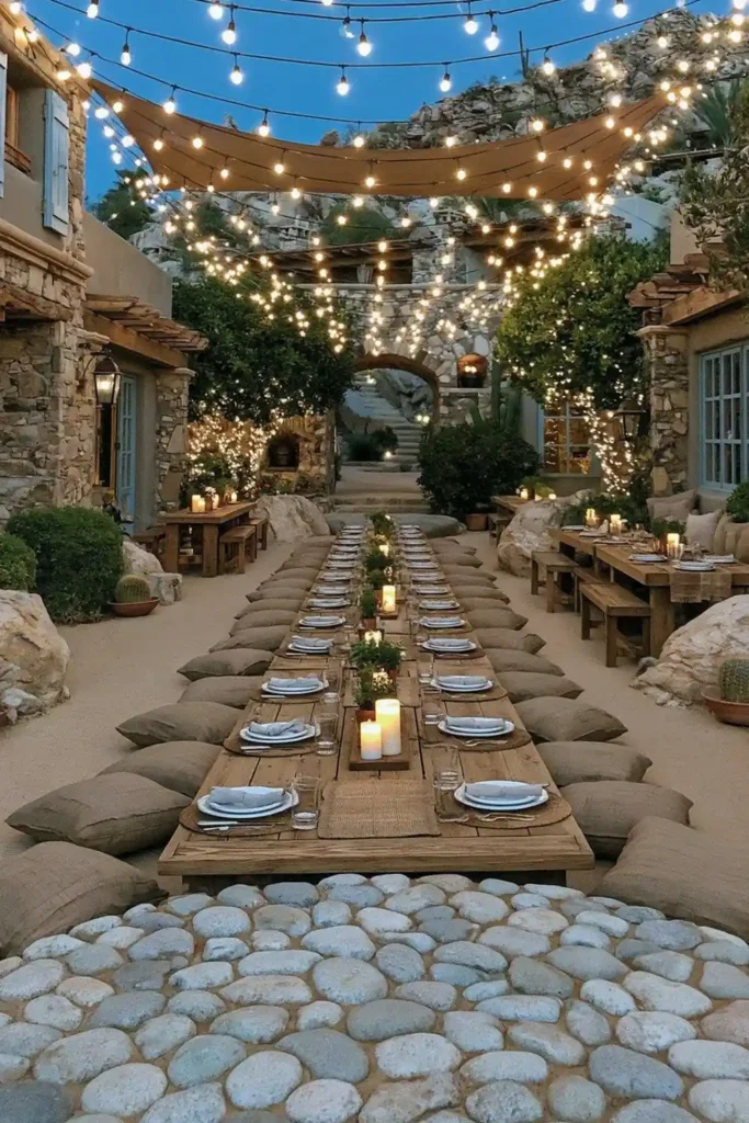 Brilliant Home Design Makeover Ideas for a More Personal Home 23 Outdoor floor pillow seating along a low table under warm string lights and candles