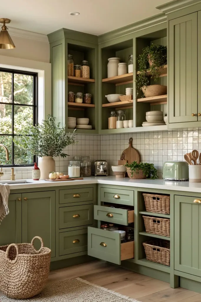 Compact kitchen with floor-to-ceiling sage cabinets, open pantry shelves, pull-out drawers, jars, baskets, and white counter.