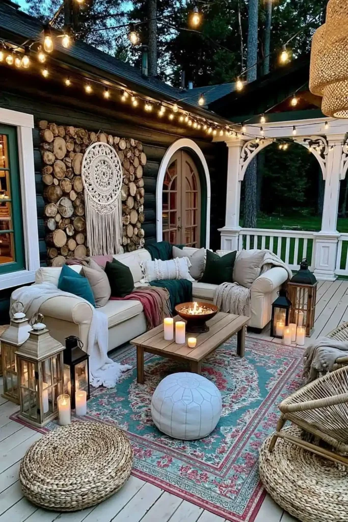 Brilliant Home Design Makeover Ideas for a More Personal Home 39 Cozy patio with stacked wood wall, cream sofa, lanterns, candles, string lights, and fire bowl