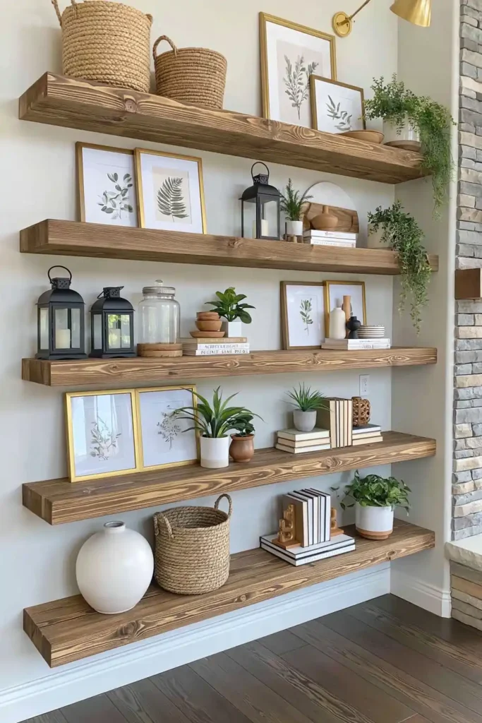 Four chunky rustic farmhouse shelves beside a stone fireplace with woven baskets, framed prints, black lanterns, books, plants, and glass decor