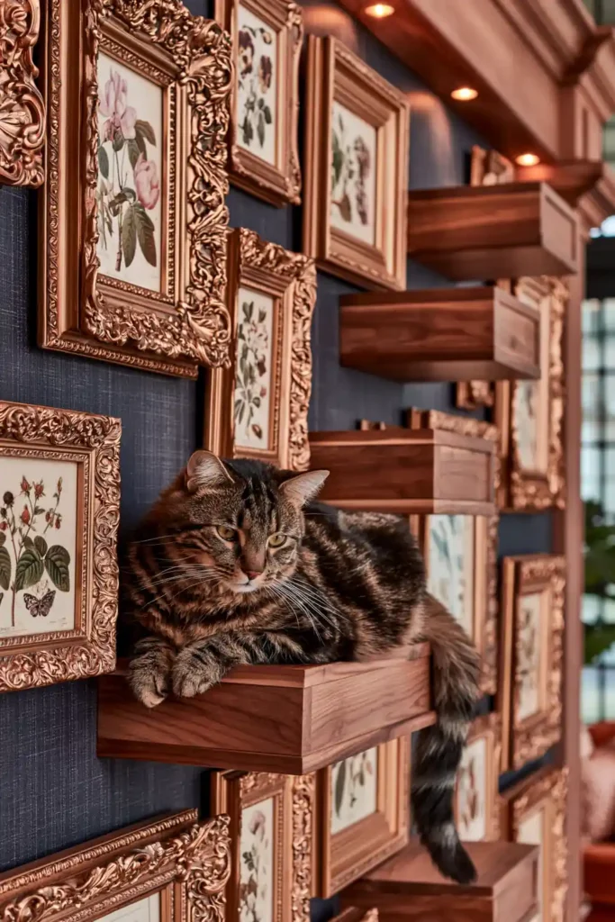 Gallery wall cat shelves with ornate gold frames, botanical prints, portraits, empty frame openings, and warm accent lighting.