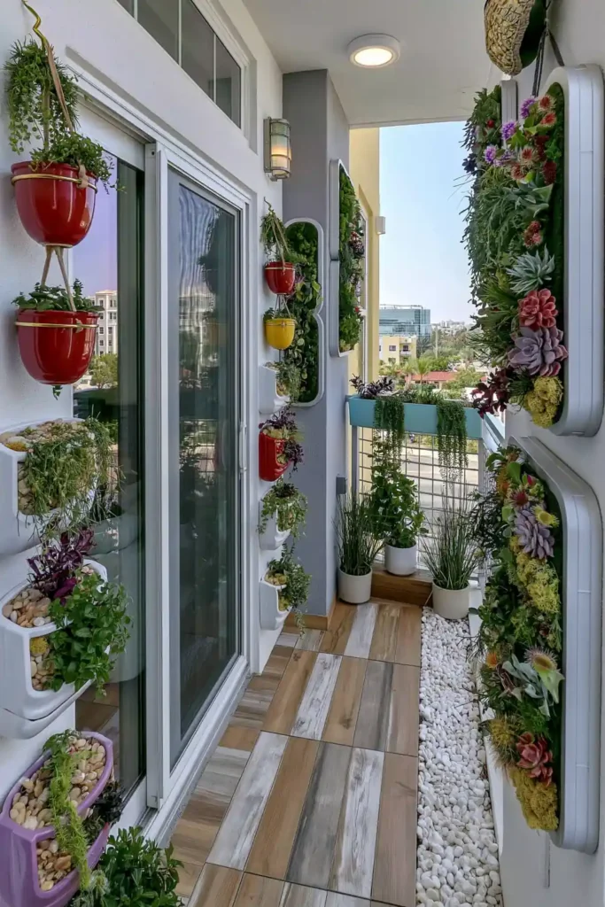 Brilliant Home Design Makeover Ideas for a More Personal Home 27 Narrow balcony with hanging planters, sliding glass doors, wood floor tiles, and white gravel edge