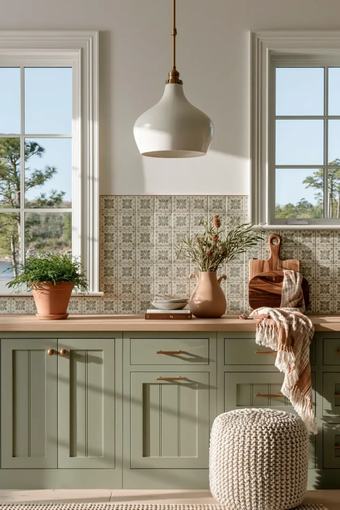 Sage kitchen with pale geometric tile backsplash, wood counter, terracotta plant pot, white pendant, and cutting board.