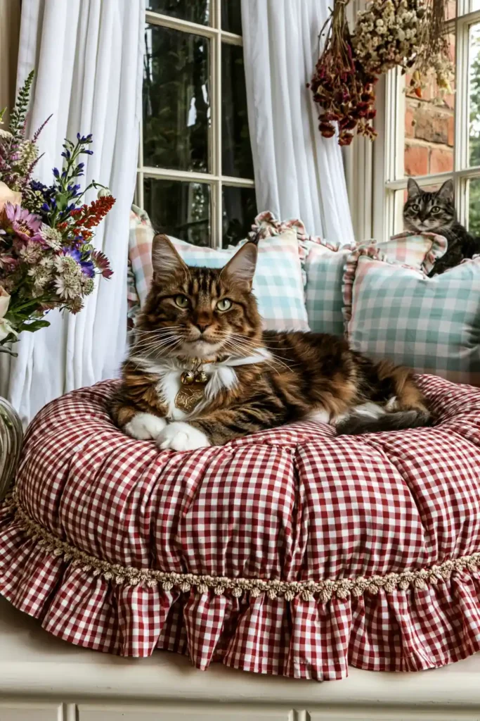 Pink gingham cat bed with ruffled skirt, pastel pillows, dried flowers, and soft cottage core window seat decor.
