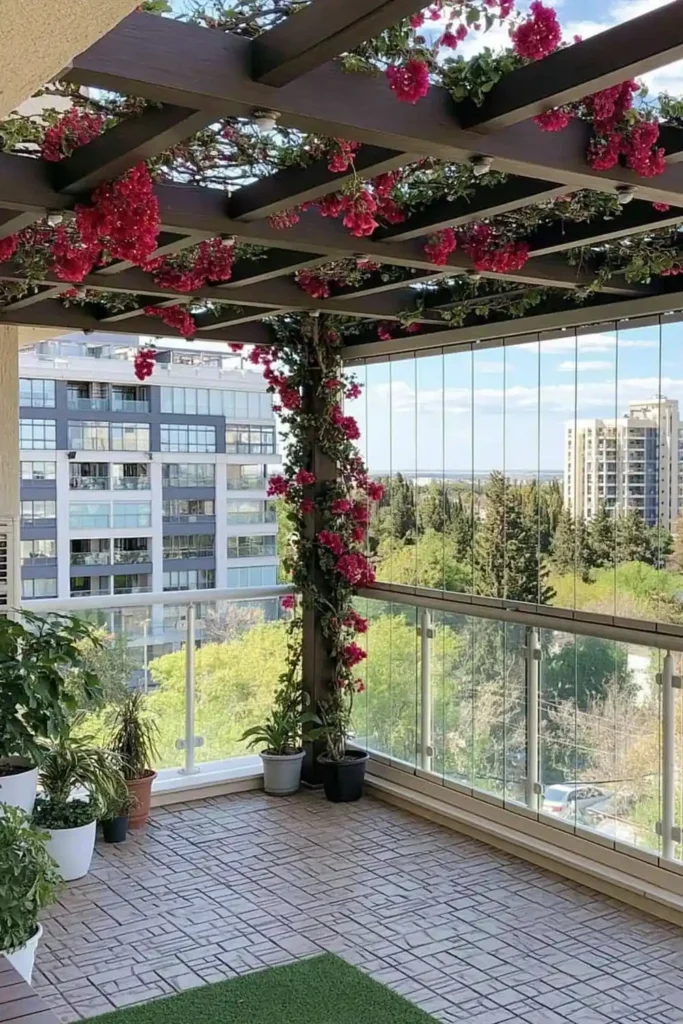 Brilliant Home Design Makeover Ideas for a More Personal Home 26 Outdoor patio with glass railing, dark pergola beams, pink flowering vines, and potted plants