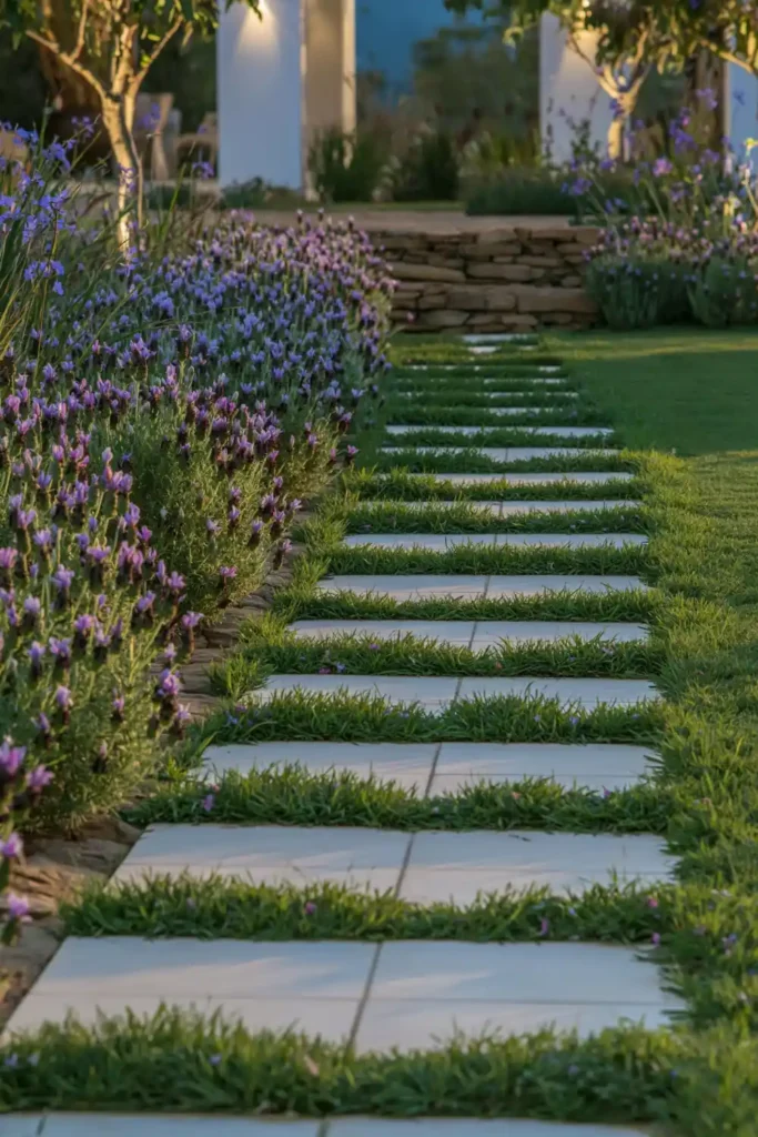 Stunning Garden Walkway Layout Ideas for a Beautiful Outdoor Path 18 Grassy grid walkway with rectangular concrete slabs, green grass joints, and lavender plants along the edge.