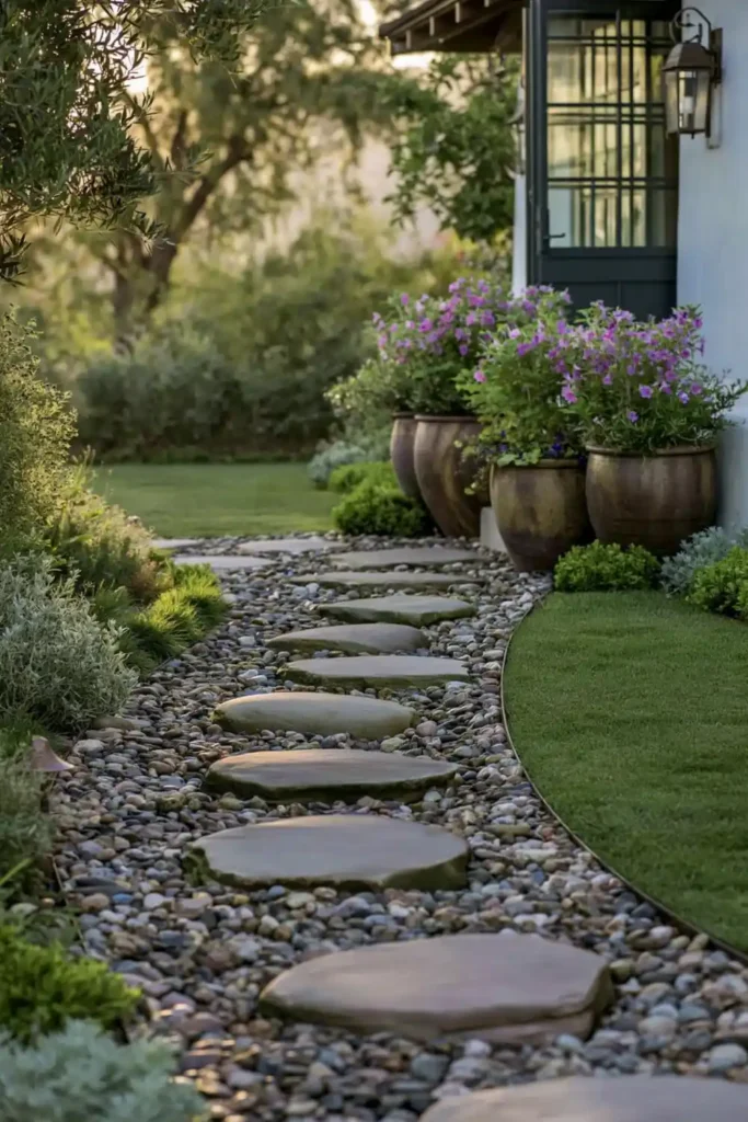 Stunning Garden Walkway Layout Ideas for a Beautiful Outdoor Path 7 Gravel and grass garden walkway with smooth stepping stones, potted plants, and vibrant greenery.