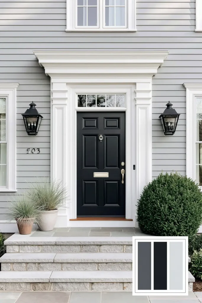 Classic Exterior Paint Color Combinations for a Timeless Home Look 4 Gray clapboard exterior entry with a dark front door, black lanterns, potted grasses, stone steps, and greenery.