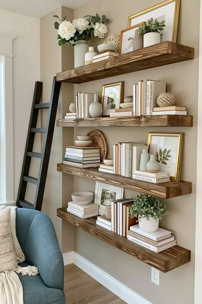 Gray-washed farmhouse floating shelves with a leaning ladder, neutral books, pale vases, woven accents, and a blue chair