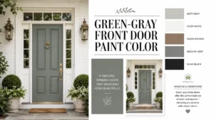 Green-gray front door paint color inspiration graphic with white brick exterior and coordinating neutral paint swatches.