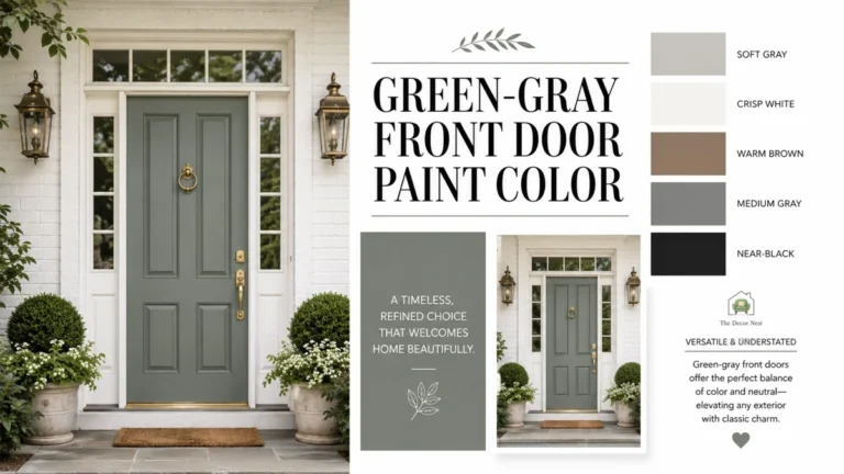 Green-gray front door paint color inspiration graphic with white brick exterior and coordinating neutral paint swatches.