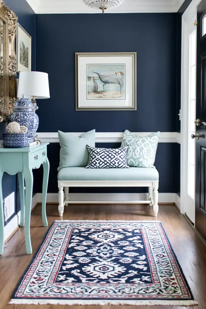 Preppy entryway with Hale Navy walls, bright turquoise accents, white trim, and a colorful runner.