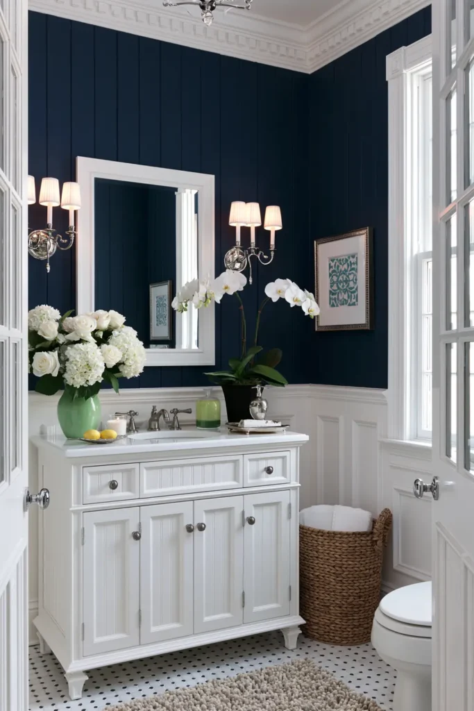 Hale Navy powder room with creamy white wainscot, crisp trim, simple vanity, and small yellow accents.