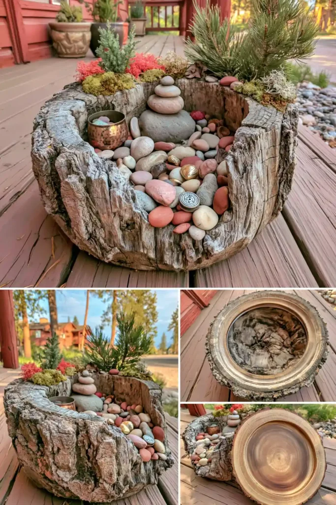Brilliant Home Design Makeover Ideas for a More Personal Home 20 Weathered cut tree stump transformed into a hollow container with stones and small natural objects
