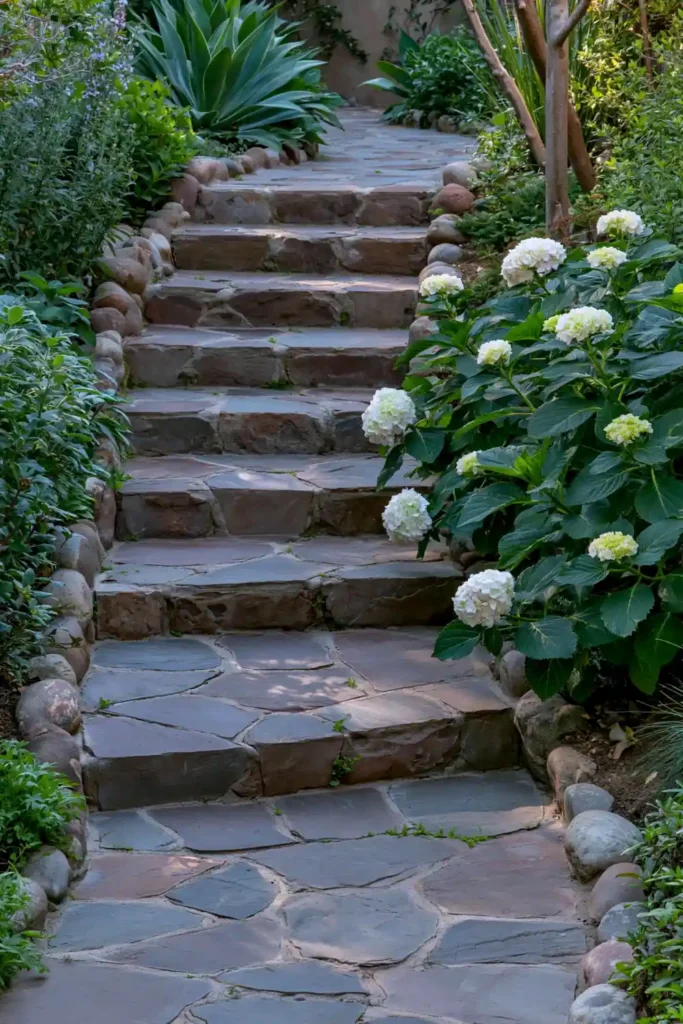 Stunning Garden Walkway Layout Ideas for a Beautiful Outdoor Path 19 Hidden garden lane with stone steps, decorative stones, white hydrangeas, blooming flowers, and lush greenery.