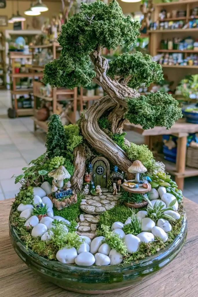 DIY Outdoor Fairy Garden Ideas for Tiny Backyard, Patio, and Seasonal Displays 4 Indoor fairy garden in a tall container with twisting driftwood, mossy greenery, white stones, small plants, and miniature accessories.