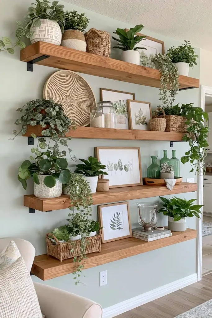 Industrial farmhouse plant wall with chunky rustic shelves, black metal supports, trailing vines, woven tray, baskets, glass jars, and greenery
