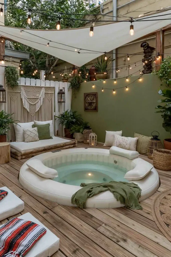 Brilliant Home Design Makeover Ideas for a More Personal Home 42 Outdoor hot tub area with wooden deck, white cushions, loungers, string lights, lanterns, and privacy fencing