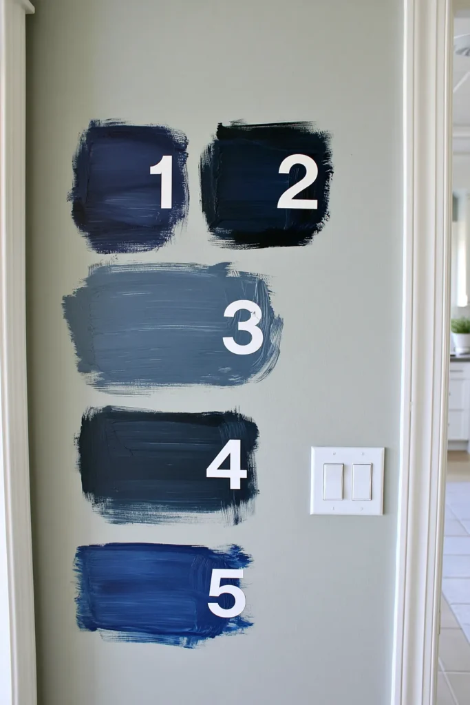 Dark navy paint swatches on a pale gray wall beside white doorway trim and a light switch.