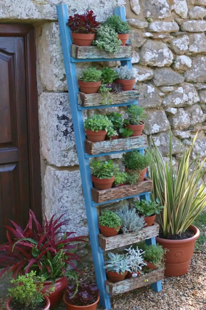 20 Budget-Friendly Outdoor Landscaping Ideas for a Charming Yard 21 Blue ladder planter with terracotta pots against a rustic stone wall for layered outdoor plant display.