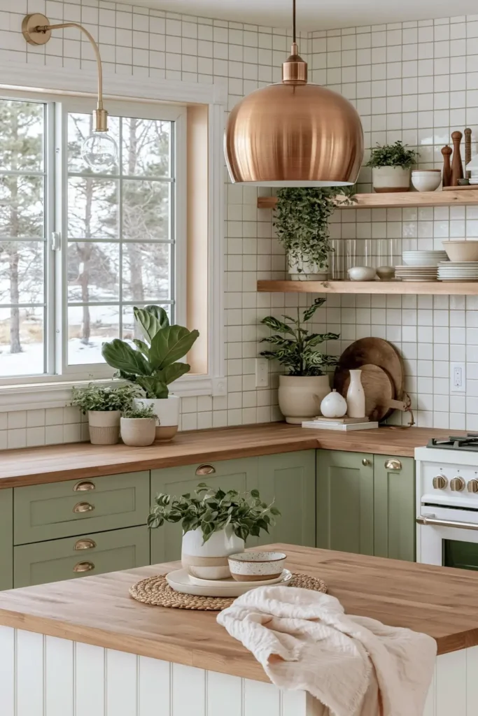 Sage kitchen corner with wood counter, white tile backsplash, copper pendant, large window, and potted plants.