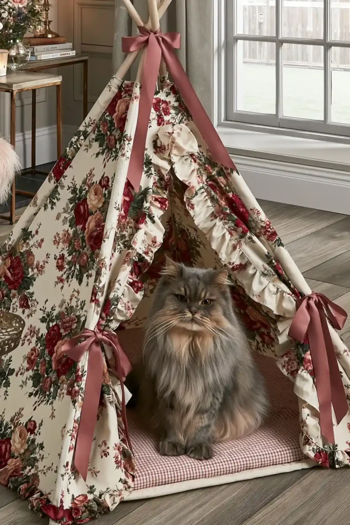 Cream floral cat teepee with pink ribbons, ruffled edges, pink gingham cushion, books, flowers, and soft natural light.