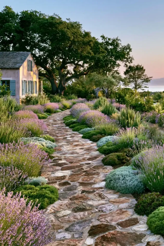 Stunning Garden Walkway Layout Ideas for a Beautiful Outdoor Path 27 Lavender sunset trail with a stone garden path, purple blossoms, lush greenery, and warm evening light.