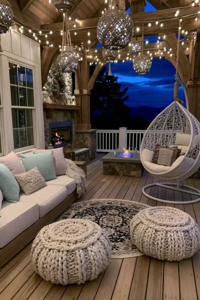 Brilliant Home Design Makeover Ideas for a More Personal Home 4 Covered outdoor seating area with warm string lights, floor poufs, sofa, and fire feature