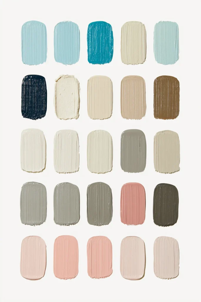 Light blue and navy nursery color palette with soft neutral paint swatches
