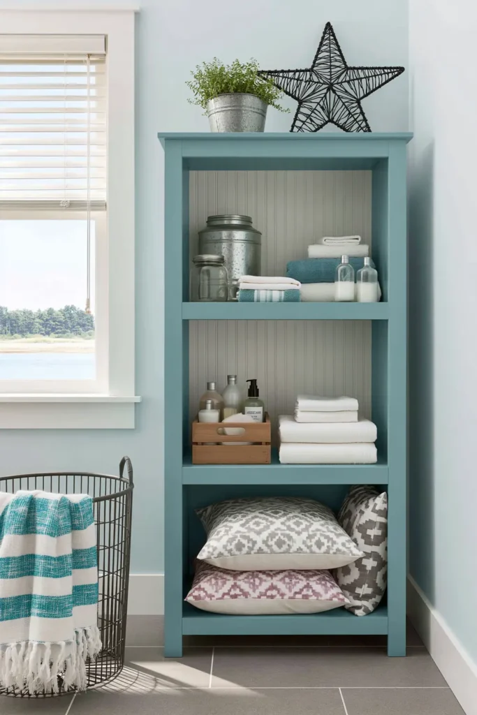 Light blue painted open bookshelf with folded linens, baskets, jars, and decorative storage accents