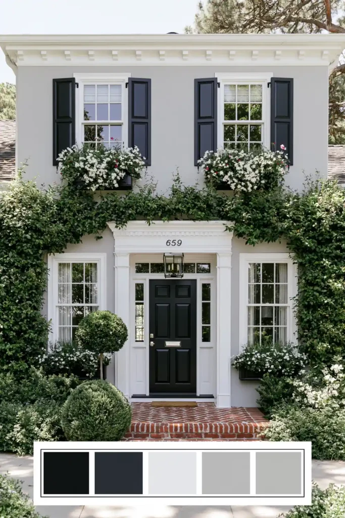 Classic Exterior Paint Color Combinations for a Timeless Home Look 6 Light gray home exterior with white trim, black shutters, flower-filled window boxes, climbing greenery, and a black front door.