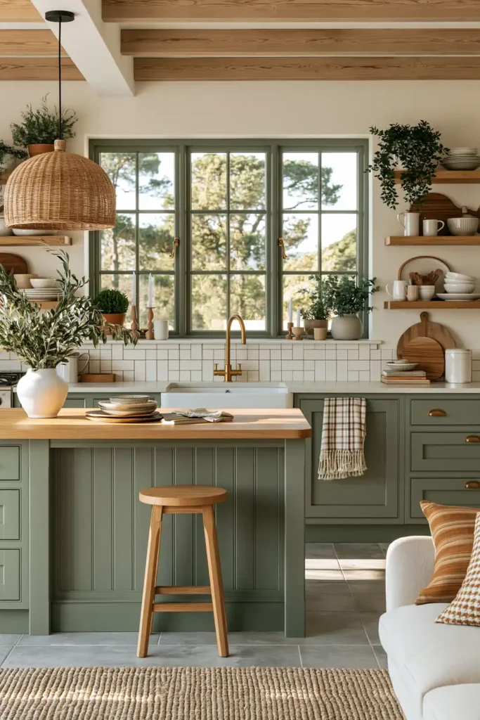 Open sage kitchen beside a dining area with large window, wood counter, wooden stool, pendant light, and sage cabinets.