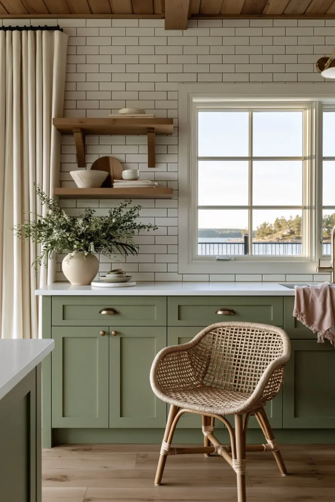Light sage kitchen cabinets with white subway tile, creamy white counter, open shelf, greenery, and a pink towel.