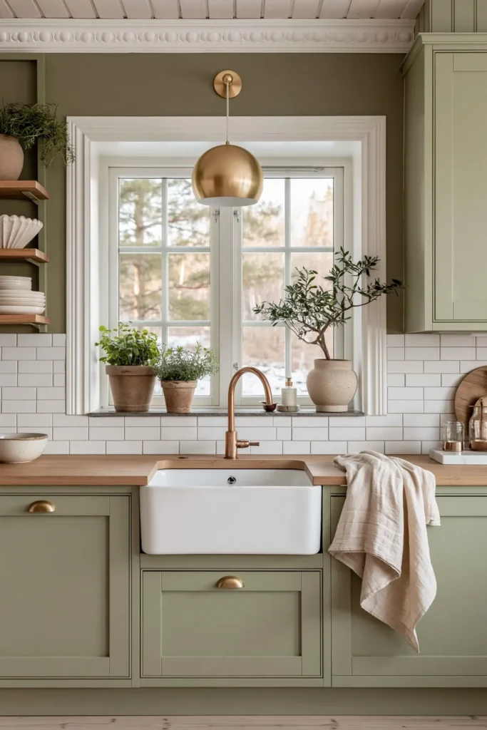 Light sage kitchen with white farmhouse sink, copper faucet, potted herbs, wood countertop, and white subway backsplash.