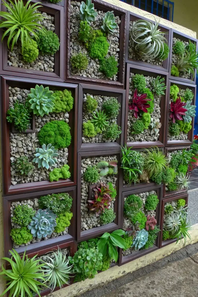 20 Budget-Friendly Outdoor Landscaping Ideas for a Charming Yard 2 Living picture frames filled with succulents and small plants for a budget-friendly outdoor wall display.