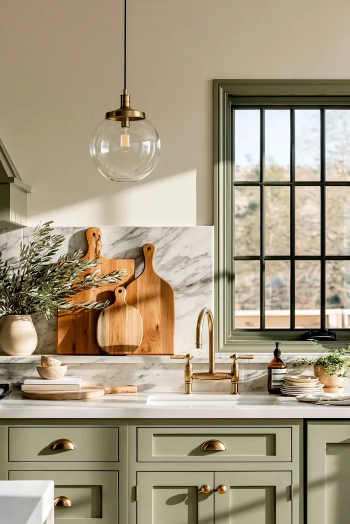 Light sage kitchen with pale marble backsplash, brass faucet, wood cutting boards, pendant glass fixture, and white counter.