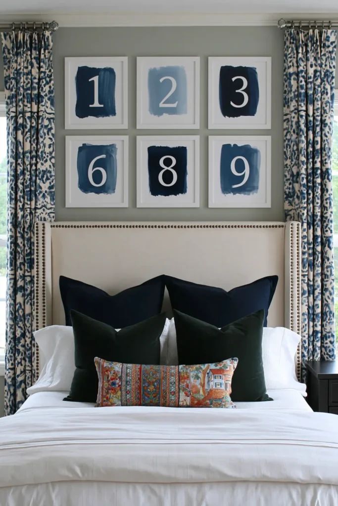 Master bedroom with navy paint swatches above a cream upholstered bed and blue patterned curtains.