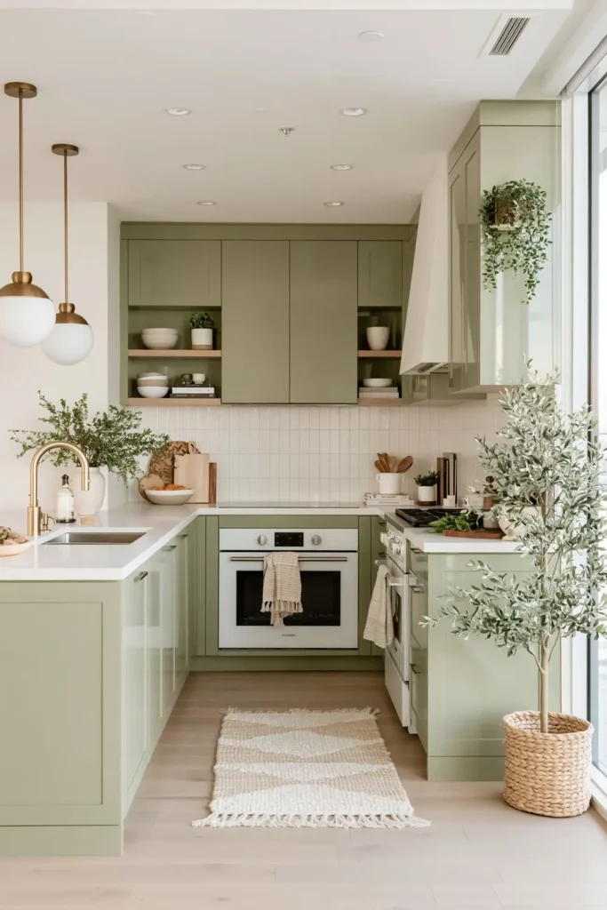 Matte sage handleless galley kitchen with pale floor, recessed ceiling lights, white counter, long backsplash, and streamlined appliances.