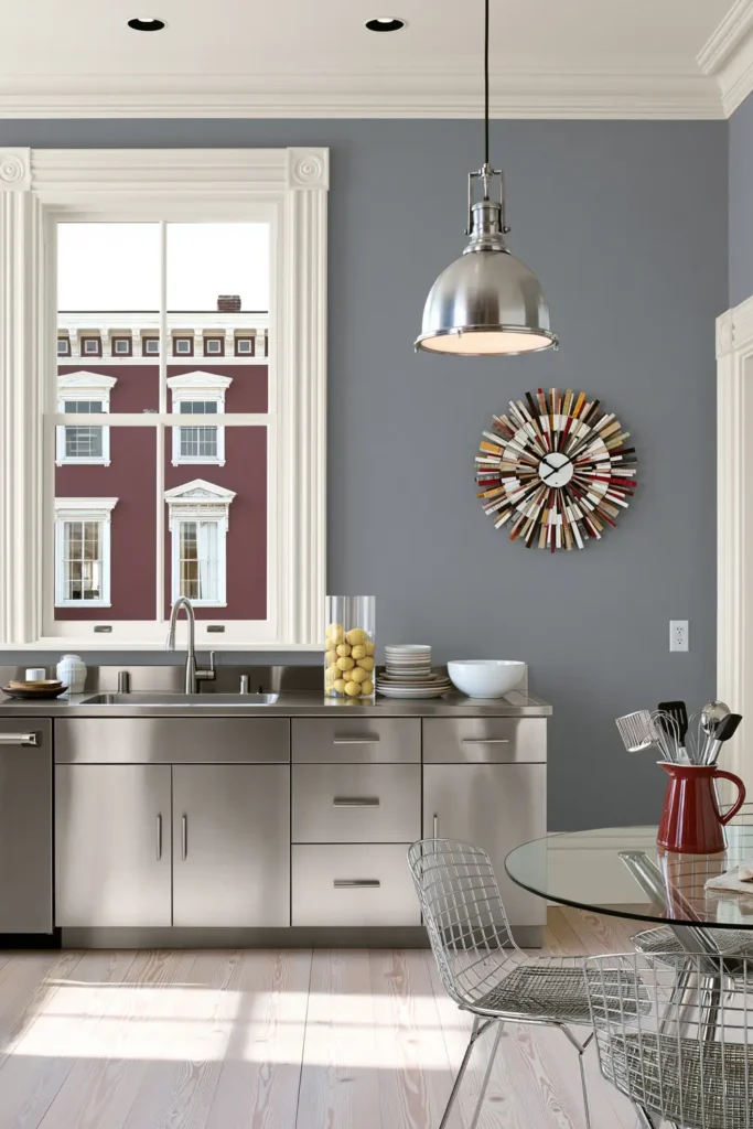 Whole House Cohesive Paint Palettes for a Calm, Connected Home 5 Kitchen with pale gray-blue walls and stainless details for a soft blue-gray paint palette