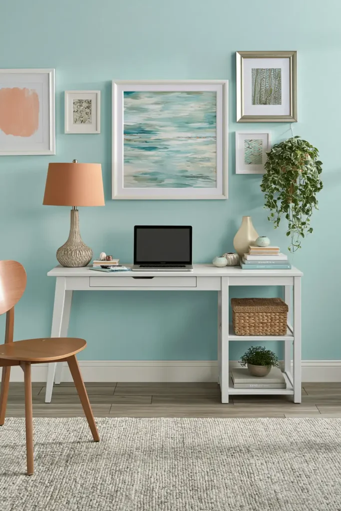 Minimalist workspace with pale blue wall, white desk, wooden chair, lamp, books, and small plants