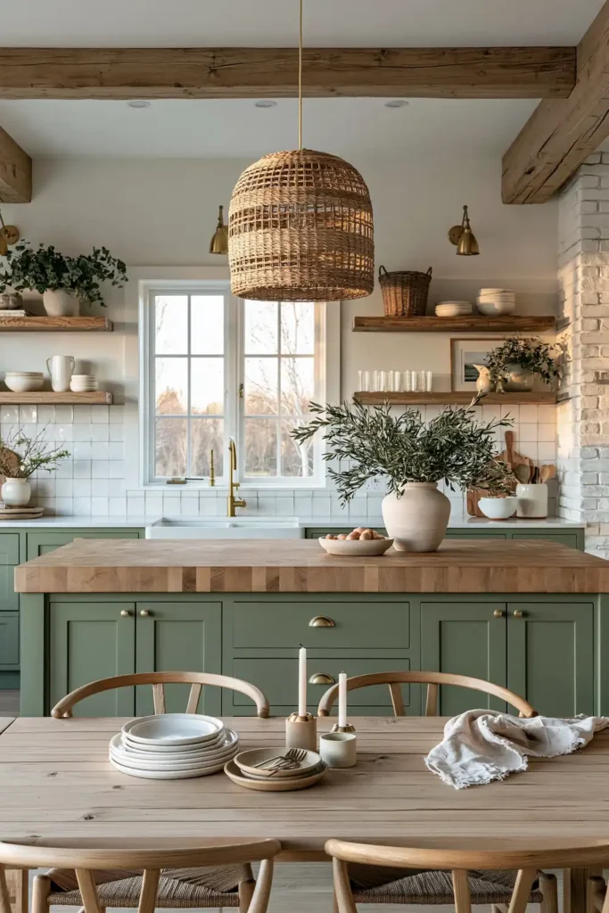 Modern farmhouse sage kitchen with butcher block island, open wooden shelves, white tile backsplash, woven pendant, and wood chairs.